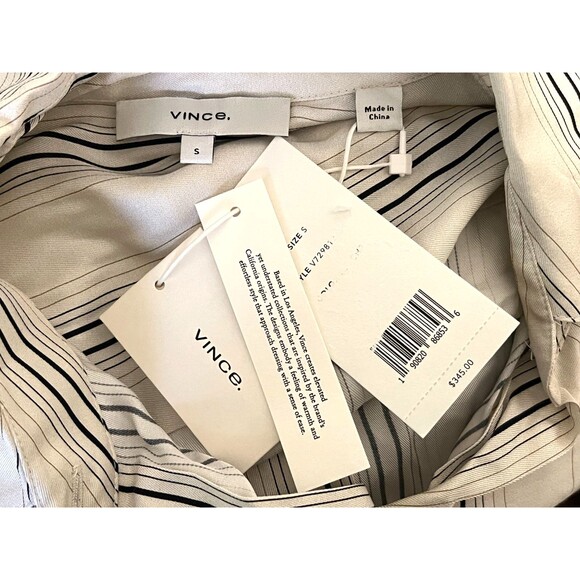 NWT $345 VINCE Women's S Button-Up Silk Blend Shirt Blouse Ivory Black Striped - Picture 7 of 8